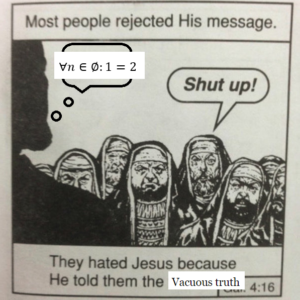 Caption: Most people rejected His message. Jesus says, "For all n in the empty set, 1 equals 2." An onlooker replies, "Shut up!" Caption: They hated Jesus because He told them the vacuous truth.